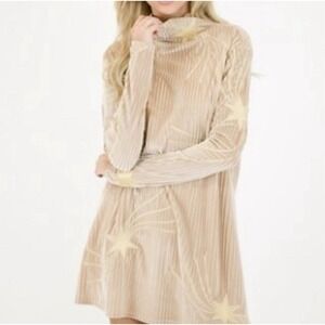 Judith March Tan Velvet Ribbed Star Embroidered‎ Cowl Neck Tunic Dress Small